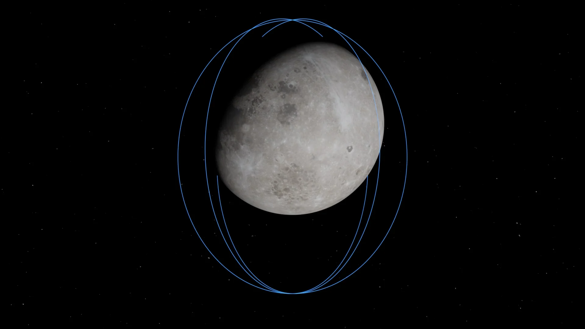 Moon surrounded by blue lunar polar orbit paths
